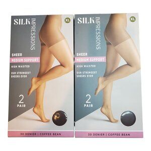 NEW 2 Packs of 2 Silk Impressions SZ XL 30 Denier Sheer Support Pantyhose Coffee
